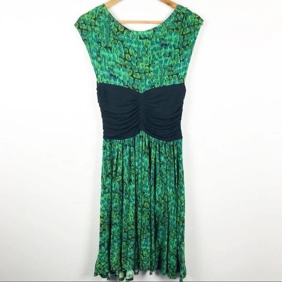 Plenty‎ by Tracy Reese Green Print Ruched Bust Fit & Flare Dress Women's L Boho - Picture 6 of 10